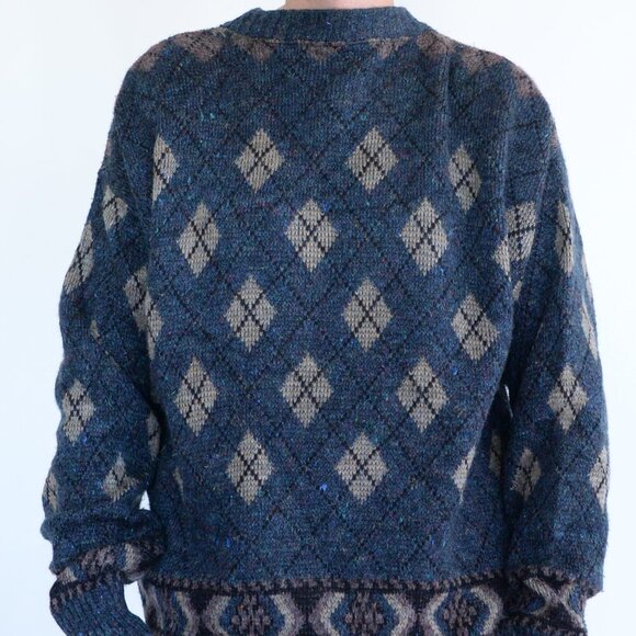 VTG 80s London Fog Blue Taupe Argyle Eclectic Grandpa Wool Crew Neck Sweater L - Picture 2 of 10